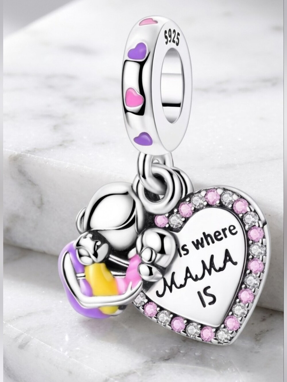 Sterling Silver Pink Heart "Is Where Mama Is" Dangle Charm